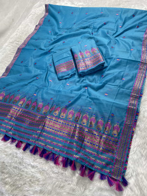 Skiran's Woven Mekhela Chador Cotton Blend Saree(Light Blue)