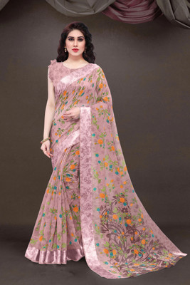MIRCHI FASHION Printed, Floral Print Daily Wear Cotton Blend Saree(Pink, Multicolor)