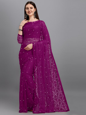LOROFY Self Design Bollywood Net Saree(Purple)