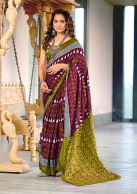 Divastri Printed Daily Wear Cotton Blend Saree(Maroon, Green)