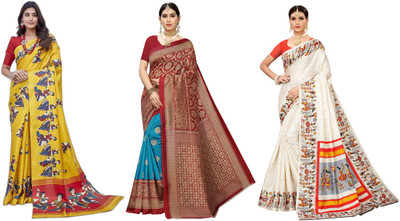 YASHIKA Printed Kanjivaram Art Silk Saree(Pack of 3, Yellow, Blue, Red, Cream)