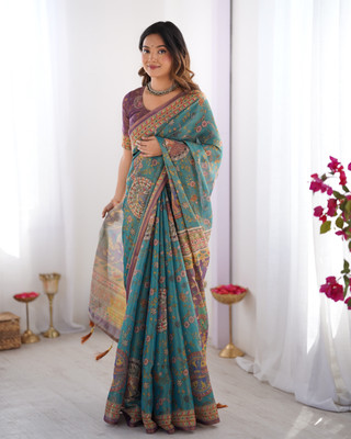 DHAYNAAND REEWA FASHION Digital Print Kalamkari Linen Saree(Blue)