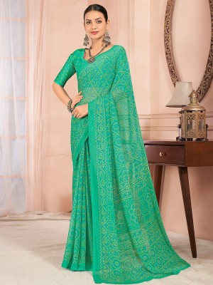 SainiVastra Printed Bandhani Chiffon Saree(Green)