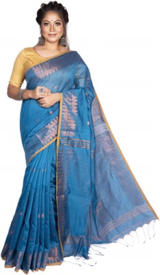 PRAVATI FASHION Embroidered Handloom Cotton Blend Saree(Blue)