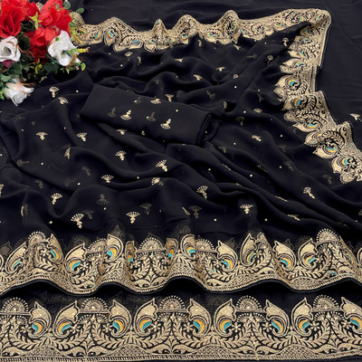 monoria Embroidered Bollywood Georgette Saree(Black)