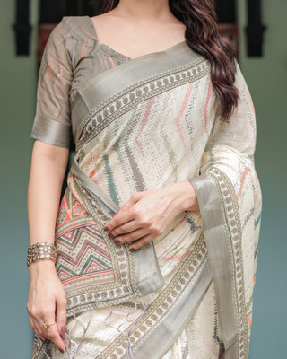 ALMAARI FASHION Digital Print Jamdani Cotton Linen Saree(Beige)