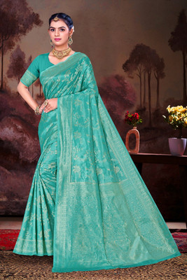 sarees Woven, Geometric Print Banarasi Cotton Silk Saree(Green)
