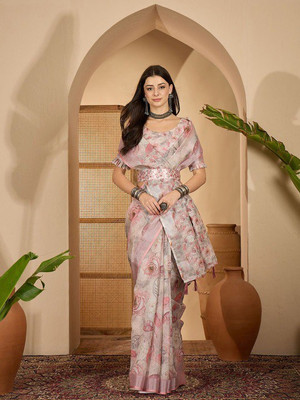 MANASTEXTILS Floral Print, Digital Print, Woven, Self Design Daily Wear Cotton Linen Saree(Pink)