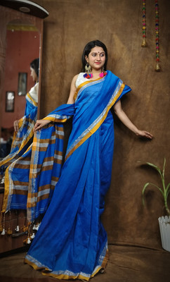 Anidipta collection Self Design Handloom Cotton Blend Saree(Light Blue)