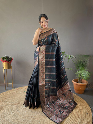 SGF11 Self Design Handloom Pure Silk Saree(Black)