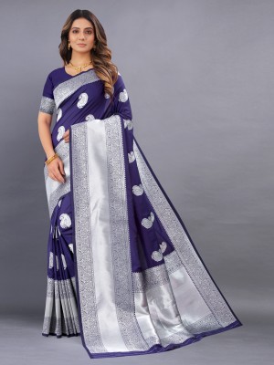 Upalksh Woven Banarasi Jacquard, Cotton Silk Saree(Dark Blue)