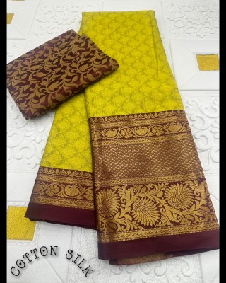 GEETABA FASHION Woven Dharmavaram Jacquard Saree(Yellow)