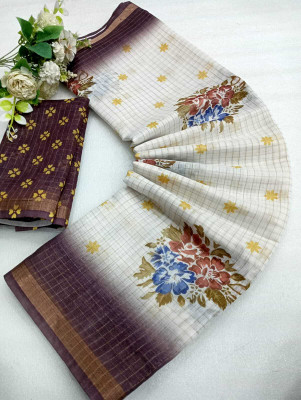 Saaransh Floral Print Kanjivaram Linen, Cotton Silk Saree(Multicolor)
