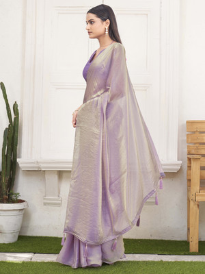 Tikhi Imli Solid/Plain Saree with Attached Blouse Satin Saree(Purple)