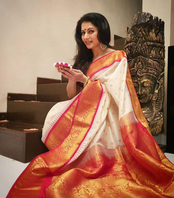 Bermondsey Self Design Banarasi Silk Blend Saree(White)