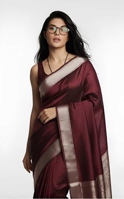 Tilfelle Solid/Plain, Woven Banarasi Satin Saree(Maroon)