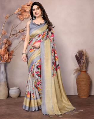 YASHIKA Printed Banarasi Art Silk Saree(Grey)