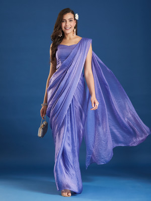 ECOLEAF Solid/Plain Bollywood Nylon, Satin Saree(Blue)