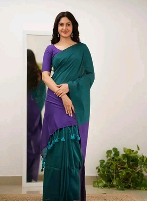 SGRNWI Solid/Plain Bollywood Handloom Cotton Blend Saree(Light Green, Purple)
