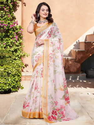 Anouk Rustic Digital Print Chinnalapattu Cotton Linen Saree(Cream)