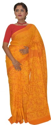 KheyaliBoutique Blocked Printed Hand Batik Pure Cotton Saree(Orange, Yellow)