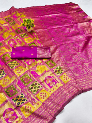 het designer studio Woven Banarasi Art Silk Saree(Pink, Yellow)