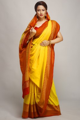 dehi saree Temple Border Handloom Cotton Silk Saree(Yellow)