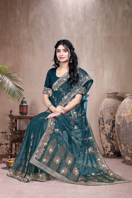 Bhojal Creation Embroidered, Embellished Bollywood Georgette Saree(Light Blue)