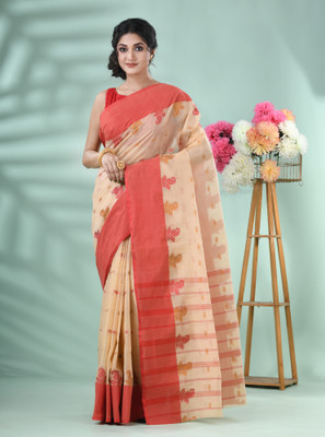 Desh Bidesh Self Design Tant Handloom Pure Cotton Saree(Cream)