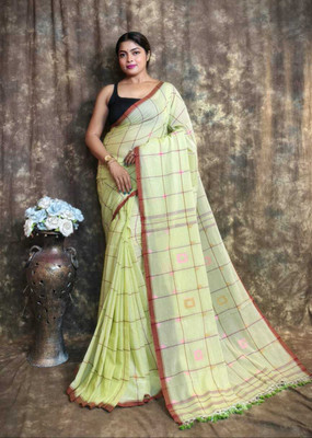 Pasum's Checkered, Self Design Ikkat Pure Cotton Saree(Light Green, Maroon)