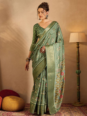 Anouk Rustic Printed Chinnalapattu Silk Blend Saree(Light Green)