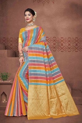 Banaras silk palace Striped Banarasi Linen Saree(Yellow)