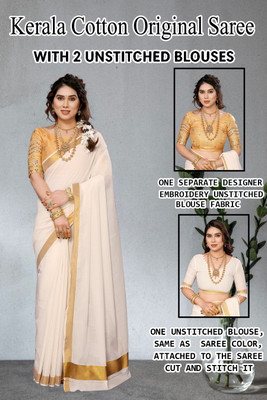 Gugaliya Embellished Kasavu Pure Cotton Saree(Multicolor)