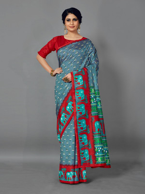 Divastri Printed Ikkat Silk Blend Saree(Grey)