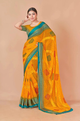 Nandita designer Printed Leheria Satin Saree(Yellow)