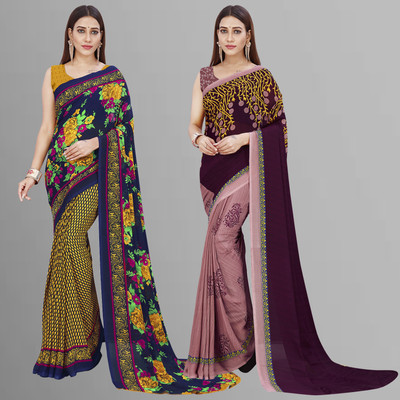 Anand Sarees Floral Print Daily Wear Georgette Saree(Pack of 2, Yellow, Blue, Multicolor)