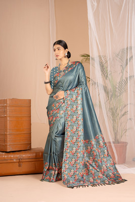 WISHLIST Digital Print Banarasi Silk Blend Saree(Grey)