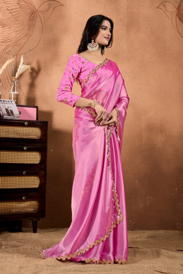 Disha Fashion Solid/Plain, Embroidered Bollywood Art Silk Saree(Pink)