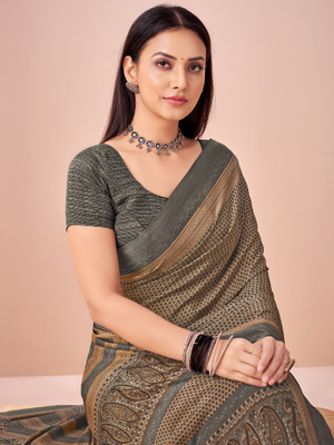 Sareemall Printed Hand Batik Crepe Saree(Beige)