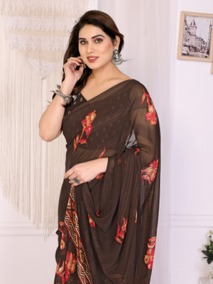 Magneitta Floral Print, Self Design, Striped Bollywood Chiffon, Georgette Saree(Brown)