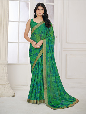 Divastri Floral Print Bollywood Chiffon Saree(Green)