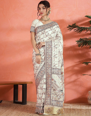 Sangria Printed Banarasi Pure Silk Saree(White, Gold)