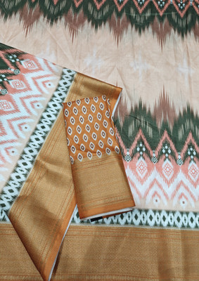 J6 Designers Printed Hand Batik Cotton Silk Saree(Yellow)