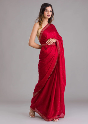 Trendmalls Striped Bollywood Chiffon Saree(Red)