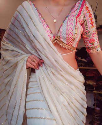 Clothestic Embroidered Bollywood Georgette Saree(White)