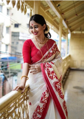 HouseOfCommon Printed Handloom Cotton Blend Saree(White)