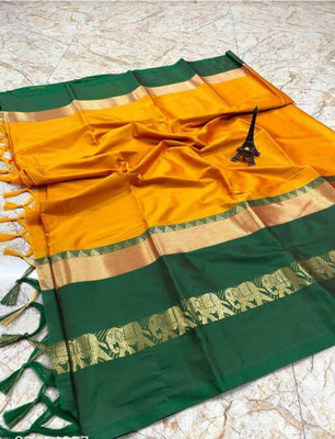 Mortal Textile Printed Handloom Cotton Silk Saree(Black)