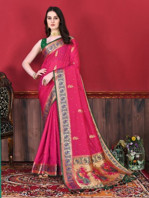 Niwaa Printed, Self Design, Embellished, Woven, Animal Print, Geometric Print Paithani Jacquard, Silk Blend Saree(Pink)