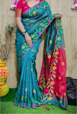 PRANATI ENTERPRISE Woven, Self Design, Floral Print Handloom Pure Cotton, Cotton Silk Saree(Blue)