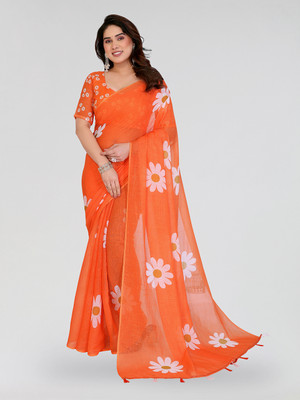 Moda Rapido Floral Print Bollywood Cotton Blend Saree(Orange)